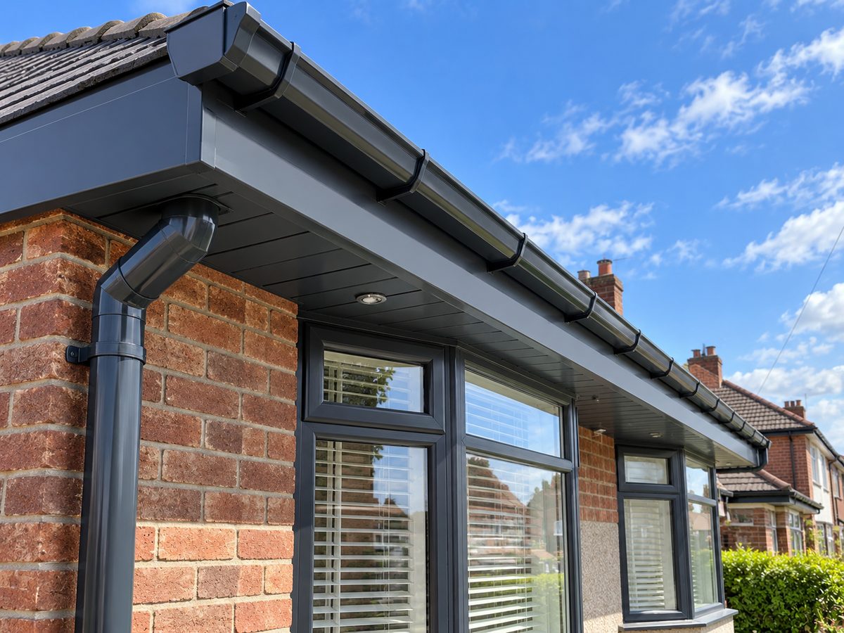 New anthracite grey uPVC fascia, soffit and guttering on a semi-detached house, low angle along the roofline