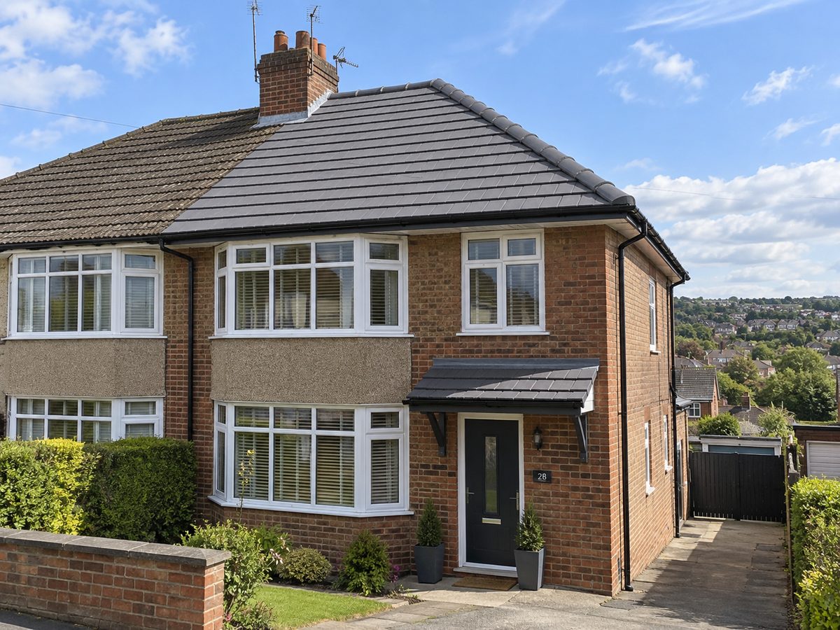 Freshly re-roofed 1930s semi-detached house with new grey concrete tiles and dry ridge, scaffold just removed